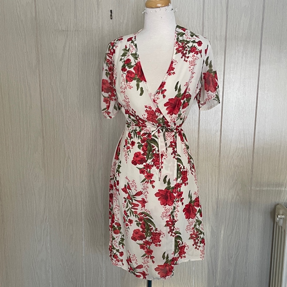 Floral Wrap Mini Dress - Red and White